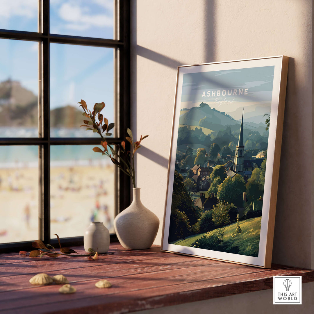 Ashbourne St Oswald's wall art showcasing rural England scenery with church and hills in a stylish interior setting.