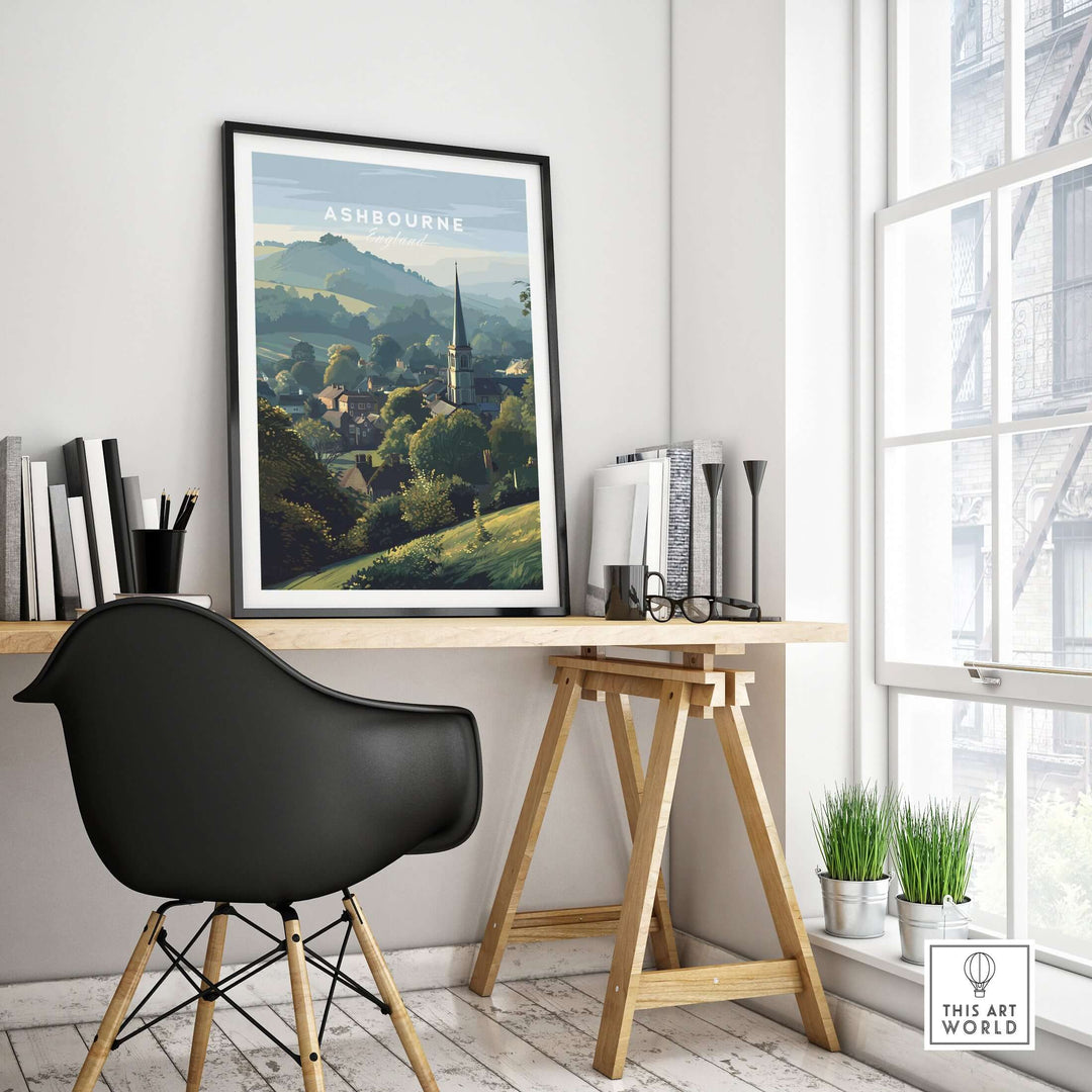 Ashbourne St Oswald's wall art print displayed in a modern workspace, showcasing serene rural England scenery.