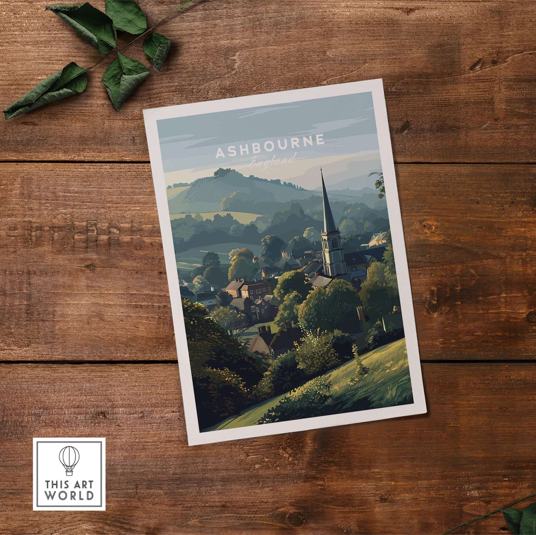 Ashbourne St Oswald's Wall Art - Rural England Print - Peaceful Village Poster on rustic wooden background.