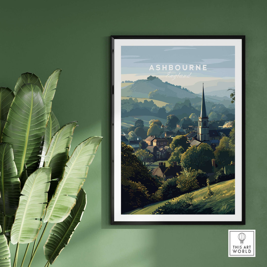 Ashbourne St Oswald's wall art print showcasing tranquil rural England village landscape with church and hills.