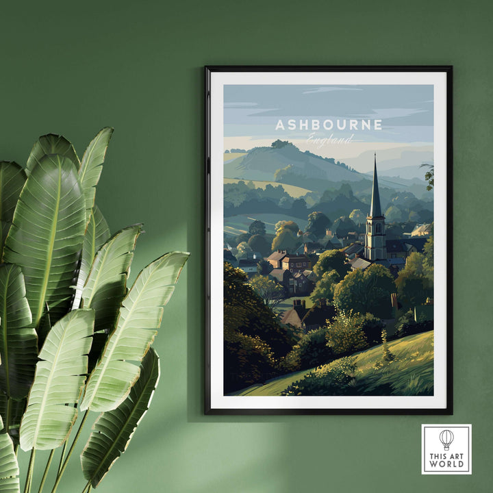 Ashbourne St Oswald's wall art print showcasing tranquil rural England village landscape with church and hills.