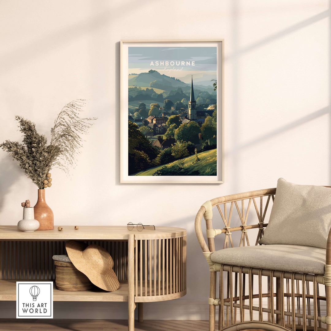 Ashbourne St Oswald's wall art print depicting a tranquil rural village scene in England, framed and displayed in a cozy interior.