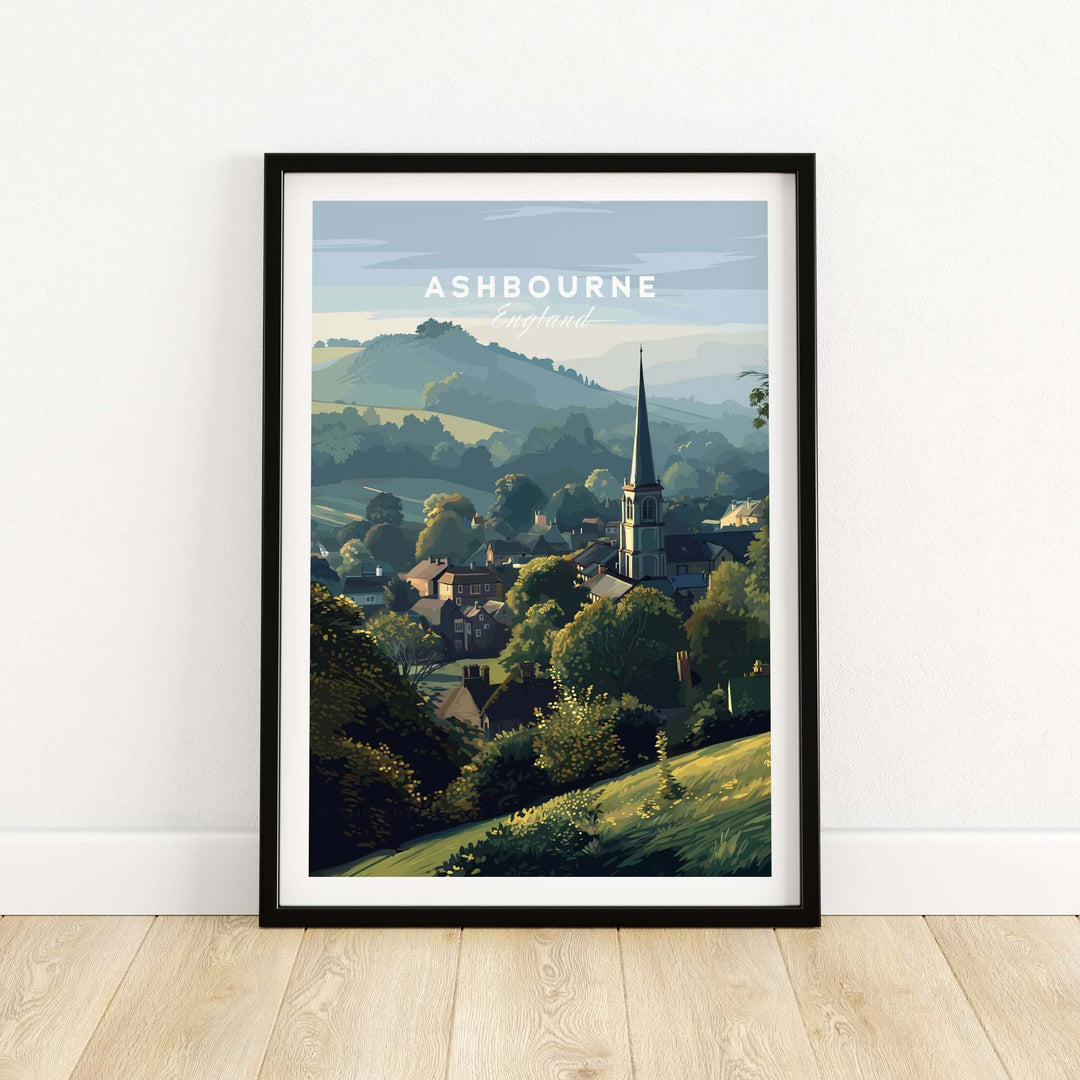 Ashbourne St Oswald's wall art print showcasing rural England village and lush hills in serene colors.