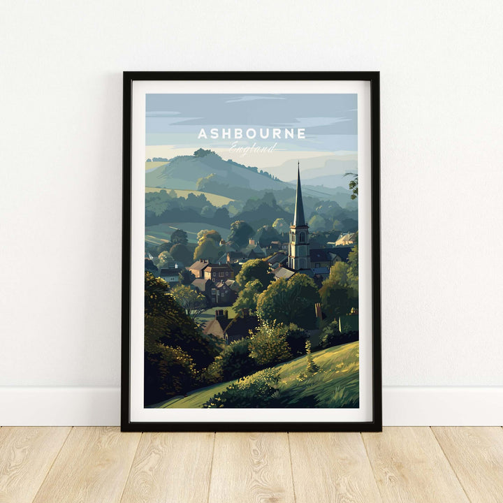 Ashbourne St Oswald's wall art print showcasing rural England village and lush hills in serene colors.