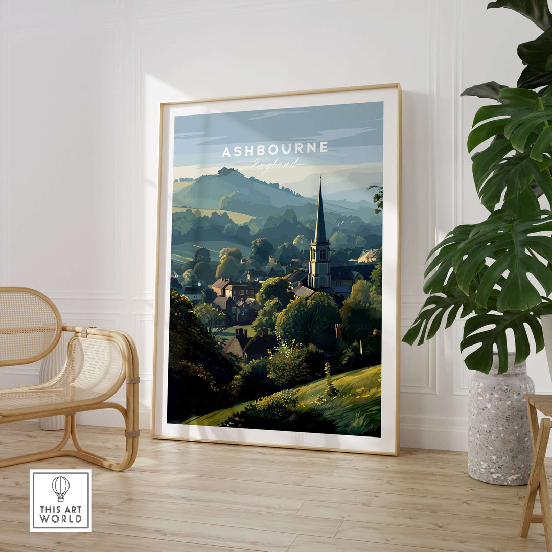Ashbourne St Oswald's wall art showcasing a tranquil village scene in rural England, framed and displayed indoors.