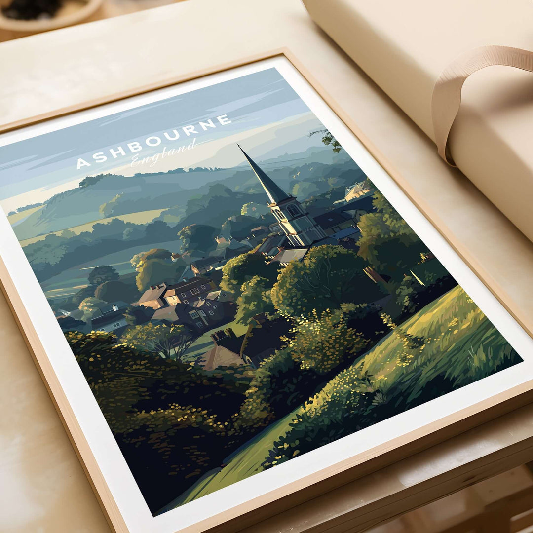 Ashbourne St Oswald's wall art print showcasing a peaceful rural English village scene.