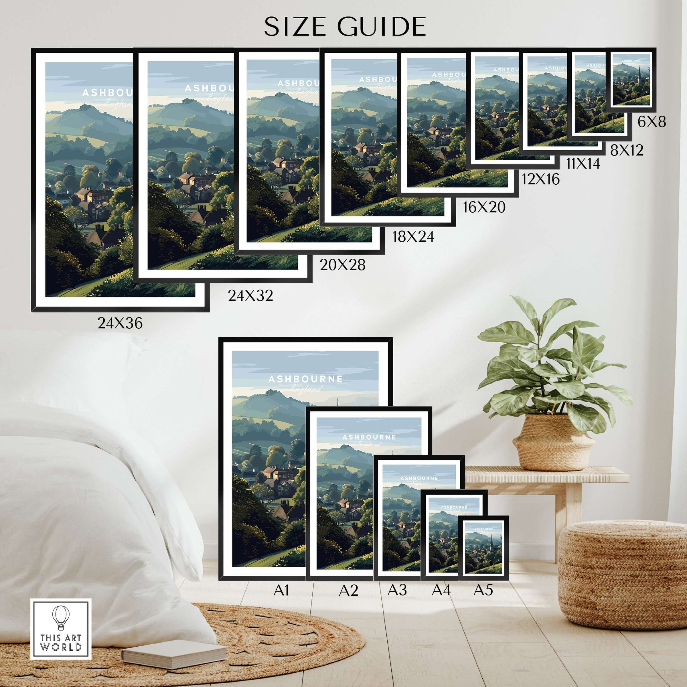 Ashbourne St Oswald's Wall Art - Rural England Print - Peaceful Village Poster size guide showcasing various frame dimensions.