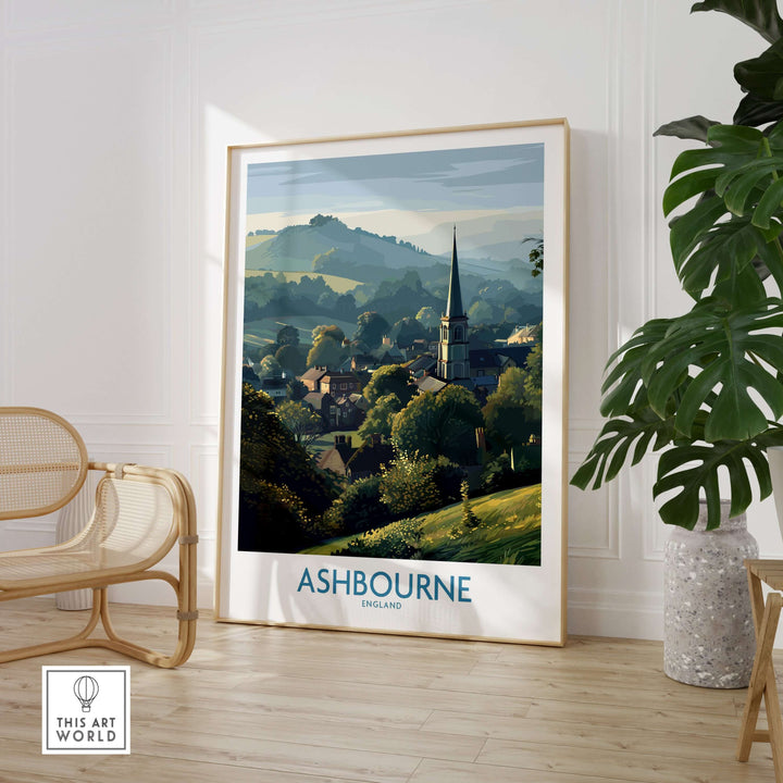 Ashbourne travel poster showcasing Derbyshire Peak District landscape art in a stylish home interior.