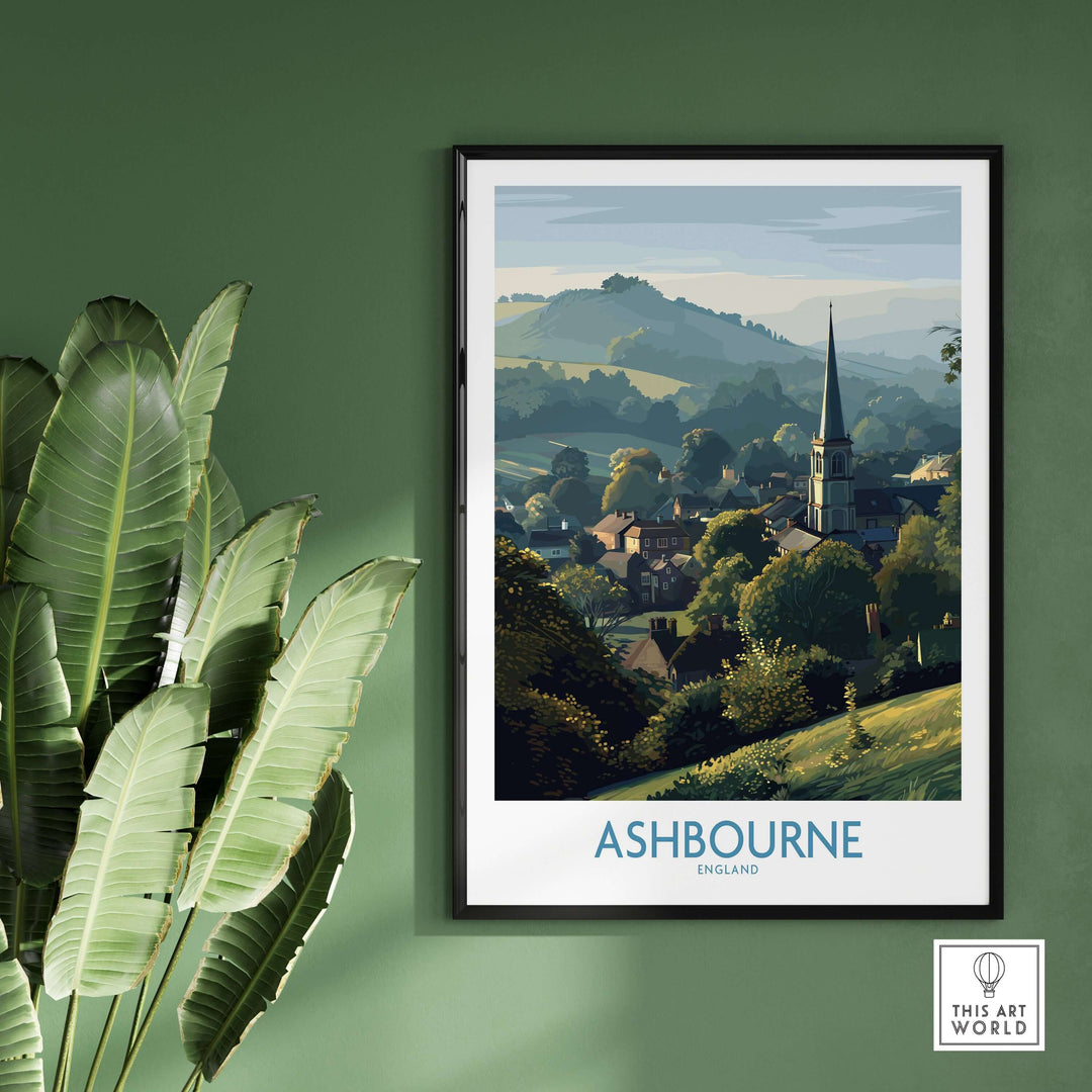 Ashbourne travel poster featuring a serene English landscape of the Derbyshire Peak District, framed wall decor.