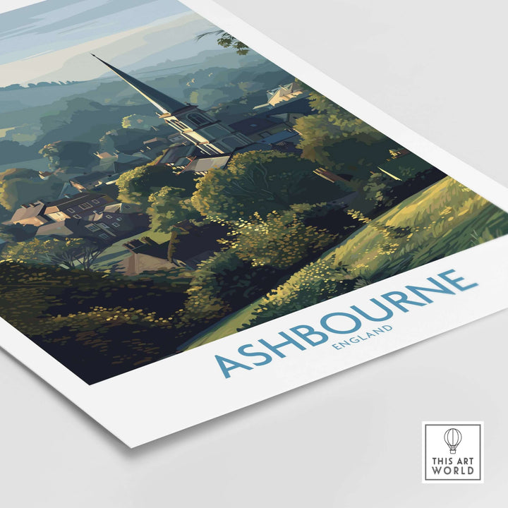 Ashbourne travel poster featuring scenic English landscape art from the Derbyshire Peak District.