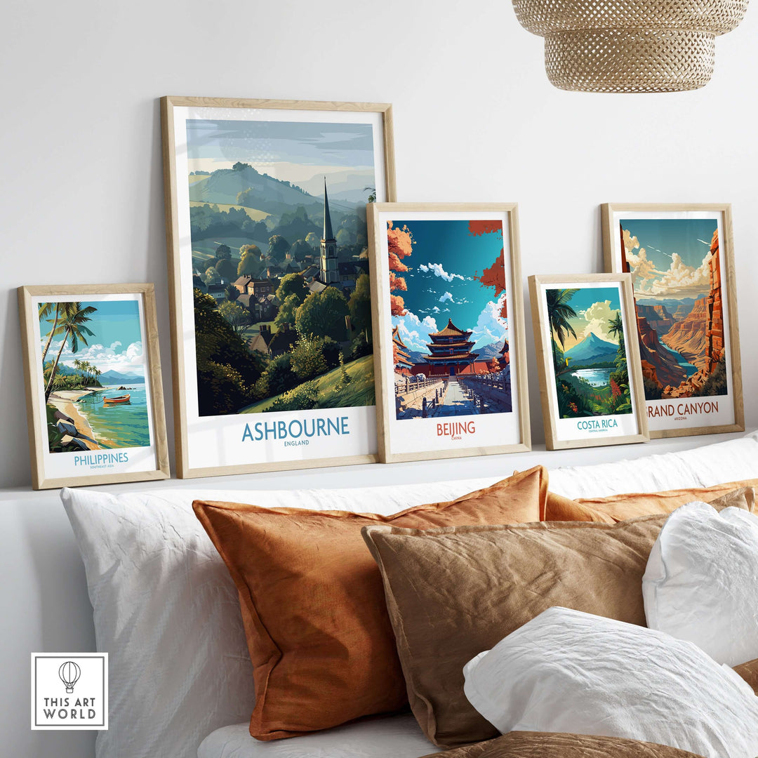 Gallery of travel posters including Ashbourne, Philippines, Beijing, Costa Rica, and Grand Canyon showcased on a stylish wall.