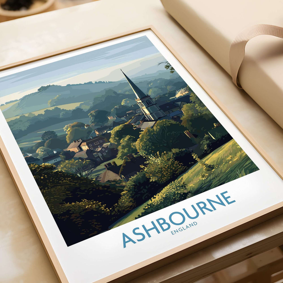 Ashbourne travel poster showcasing Derbyshire Peak District landscape with serene hills and village charm.