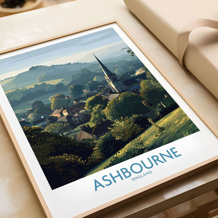 Ashbourne travel poster showcasing Derbyshire Peak District landscape with serene hills and village charm.