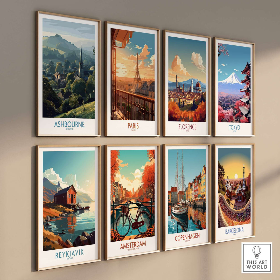 Collage of travel posters featuring Ashbourne, Paris, Florence, Tokyo, Reykjavik, Amsterdam, Copenhagen, and Barcelona.
