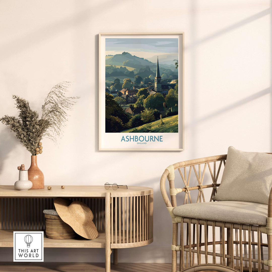 Ashbourne travel poster featuring Derbyshire Peak District landscape, framed wall art in serene living room setting.