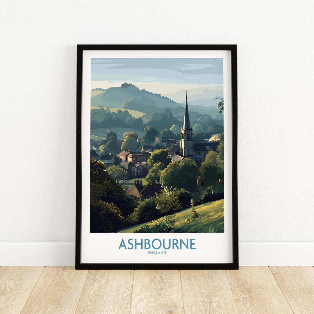 Ashbourne travel poster featuring English landscape art of Derbyshire's Peak District, perfect for scenic wall decor.