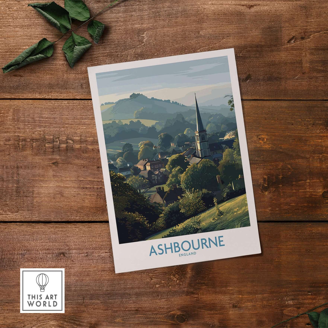 Ashbourne travel poster featuring serene Derbyshire Peak District landscape and quaint village scenery.