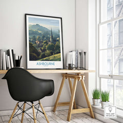 Ashbourne Travel Poster - English Landscape Print - Derbyshire Peak District Art - Scenic Wall Decor in stylish interior setting.