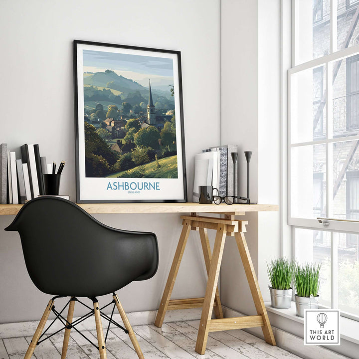 Ashbourne travel poster displaying Derbyshire Peak District landscape in stylish home office decor.
