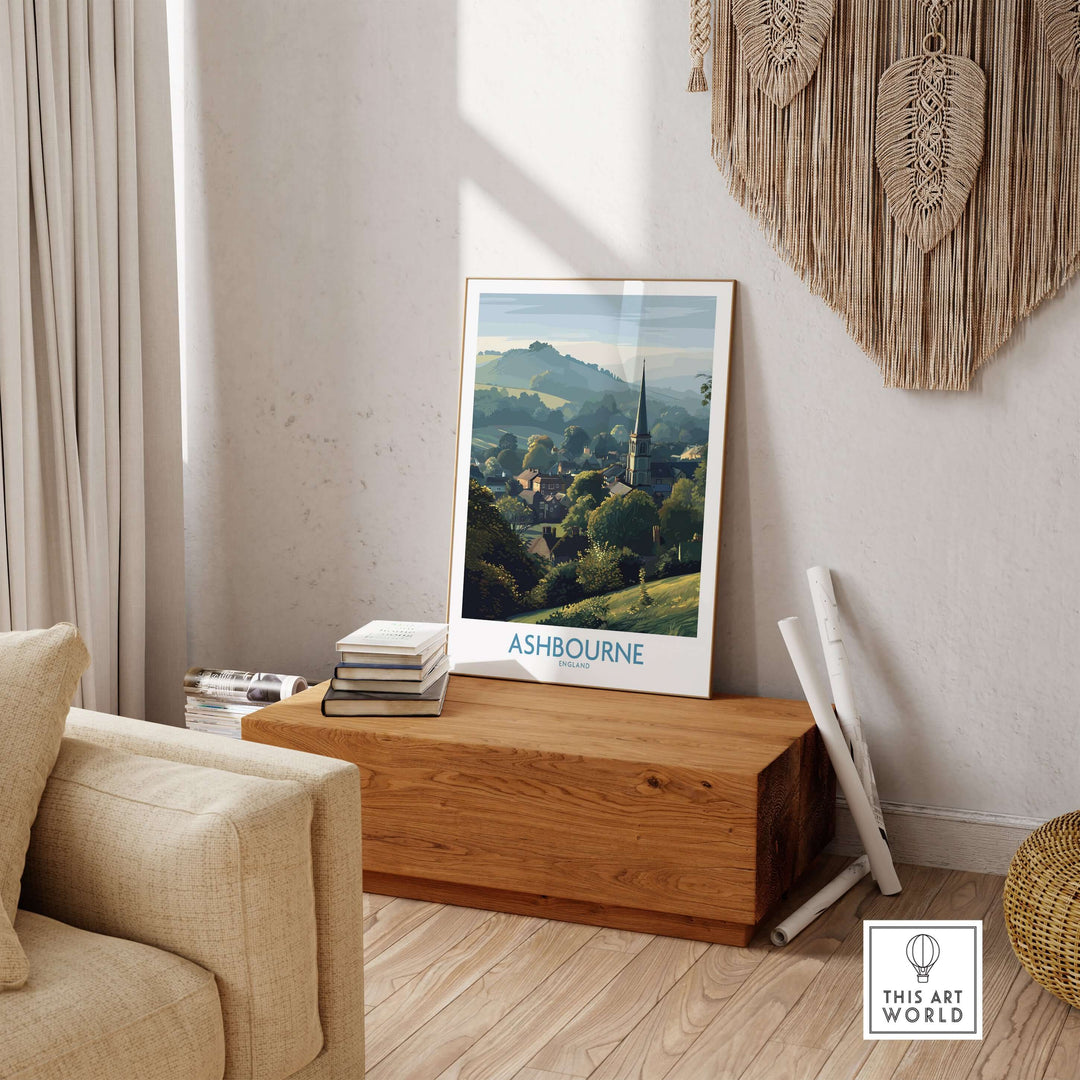 Ashbourne travel poster featuring Derbyshire Peak District landscape, displayed as scenic wall decor in a cozy living room.