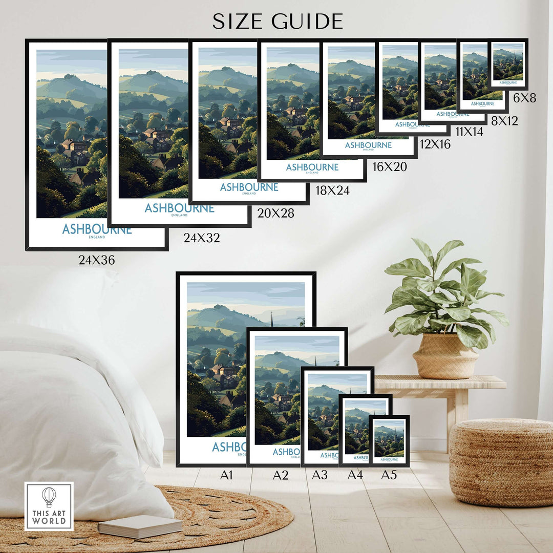 Ashbourne travel poster size guide showing various frame dimensions and a decorative indoor setting.