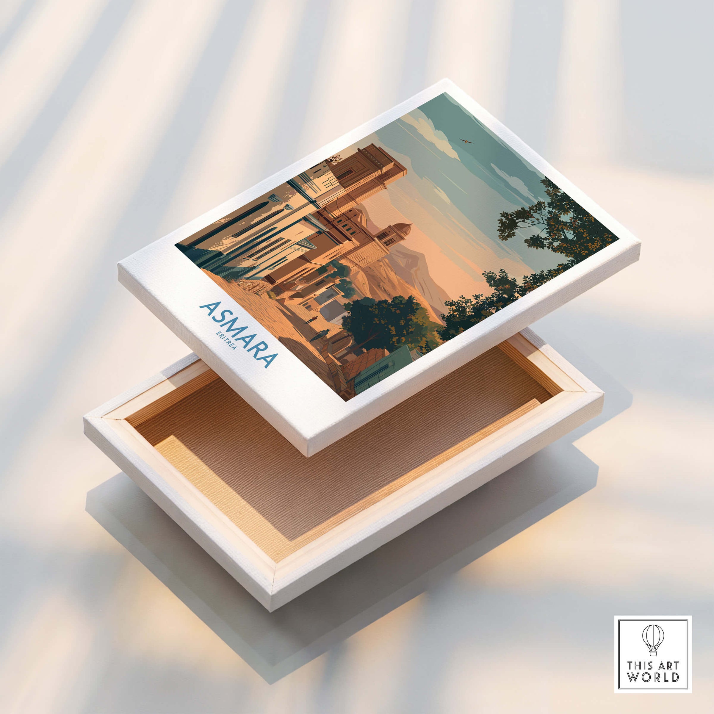 Asmara Eritrea Print – Scenic Wall Art Poster displayed on an open wooden box showcasing picturesque cityscape design.
