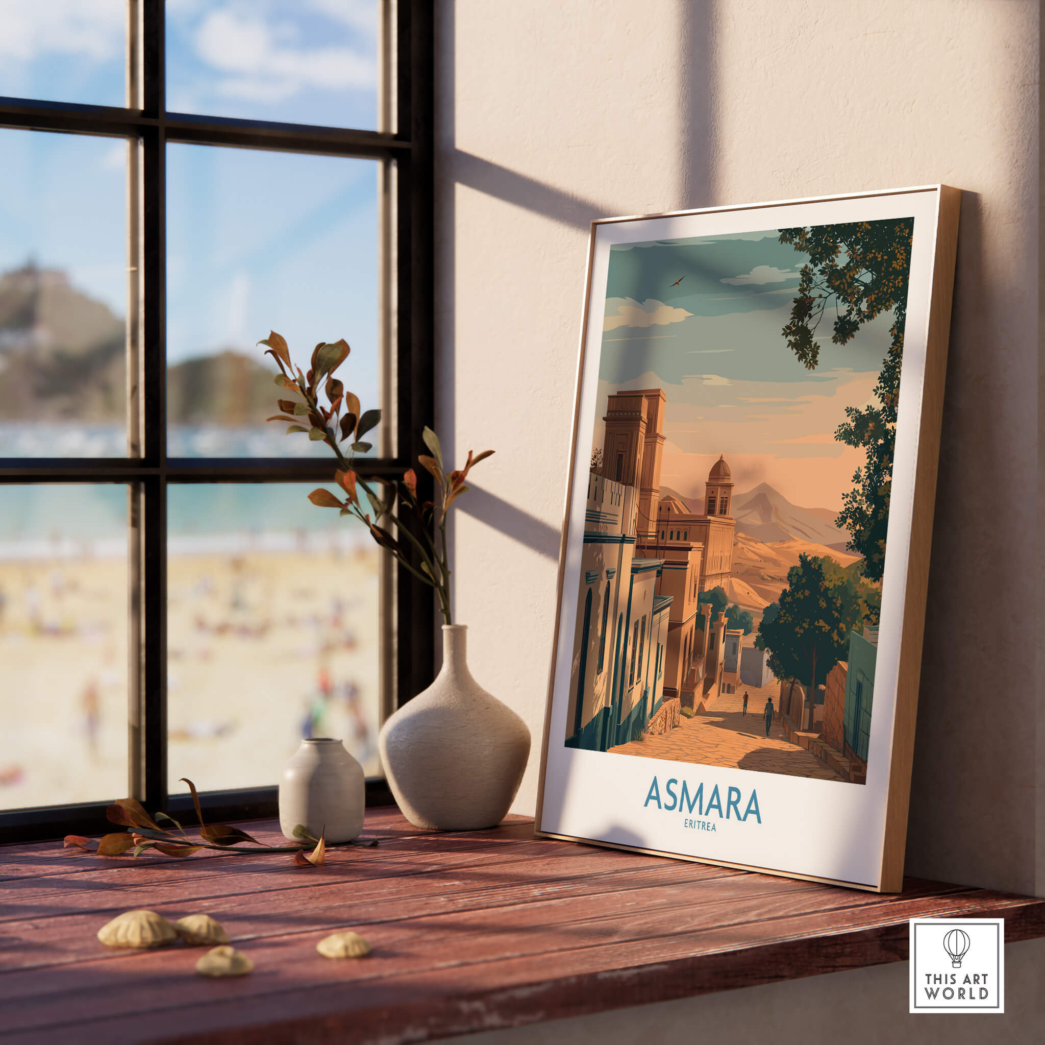 Asmara Eritrea Print – Scenic Wall Art Poster showcased on a windowsill with warm urban landscape and soft lighting.