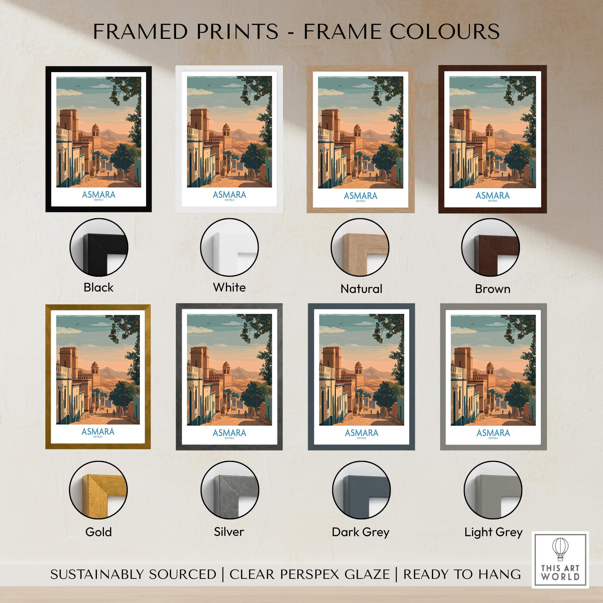Asmara Eritrea Print – Scenic Wall Art Poster in various frame colors for aesthetic display.