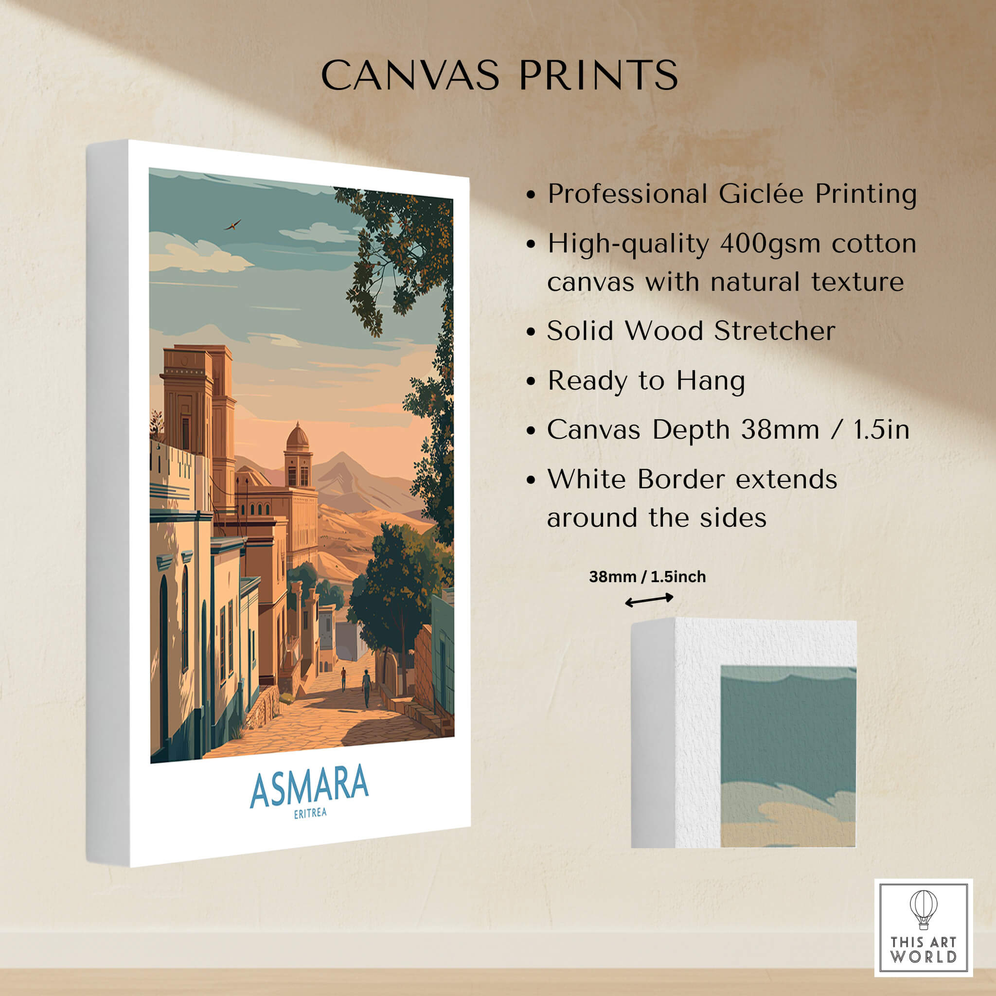 Asmara Eritrea Print – Scenic Wall Art Poster showing Giclée printing details and canvas print specifications.