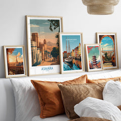 Asmara Eritrea Print – Scenic Wall Art Poster displayed on a cozy bed with other cityscape art prints.