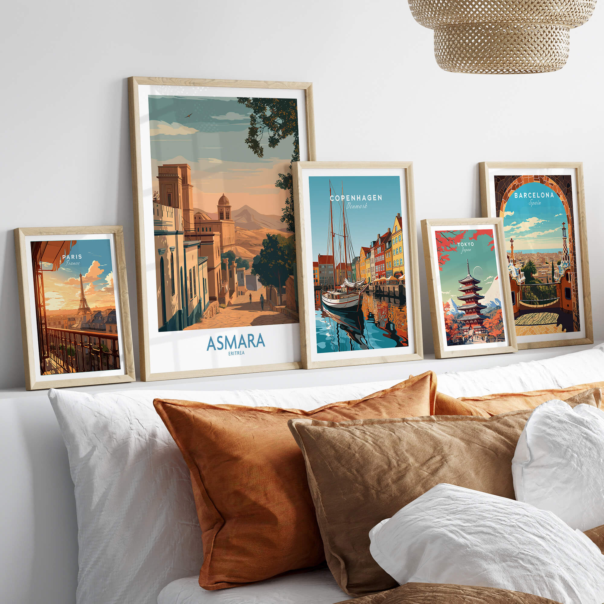 Asmara Eritrea Print – Scenic Wall Art Poster displayed on a cozy bed with other cityscape art prints.