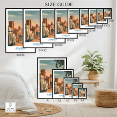 Asmara Eritrea Print – Scenic Wall Art Poster size guide showcasing various frame options for the sunset cityscape art.
