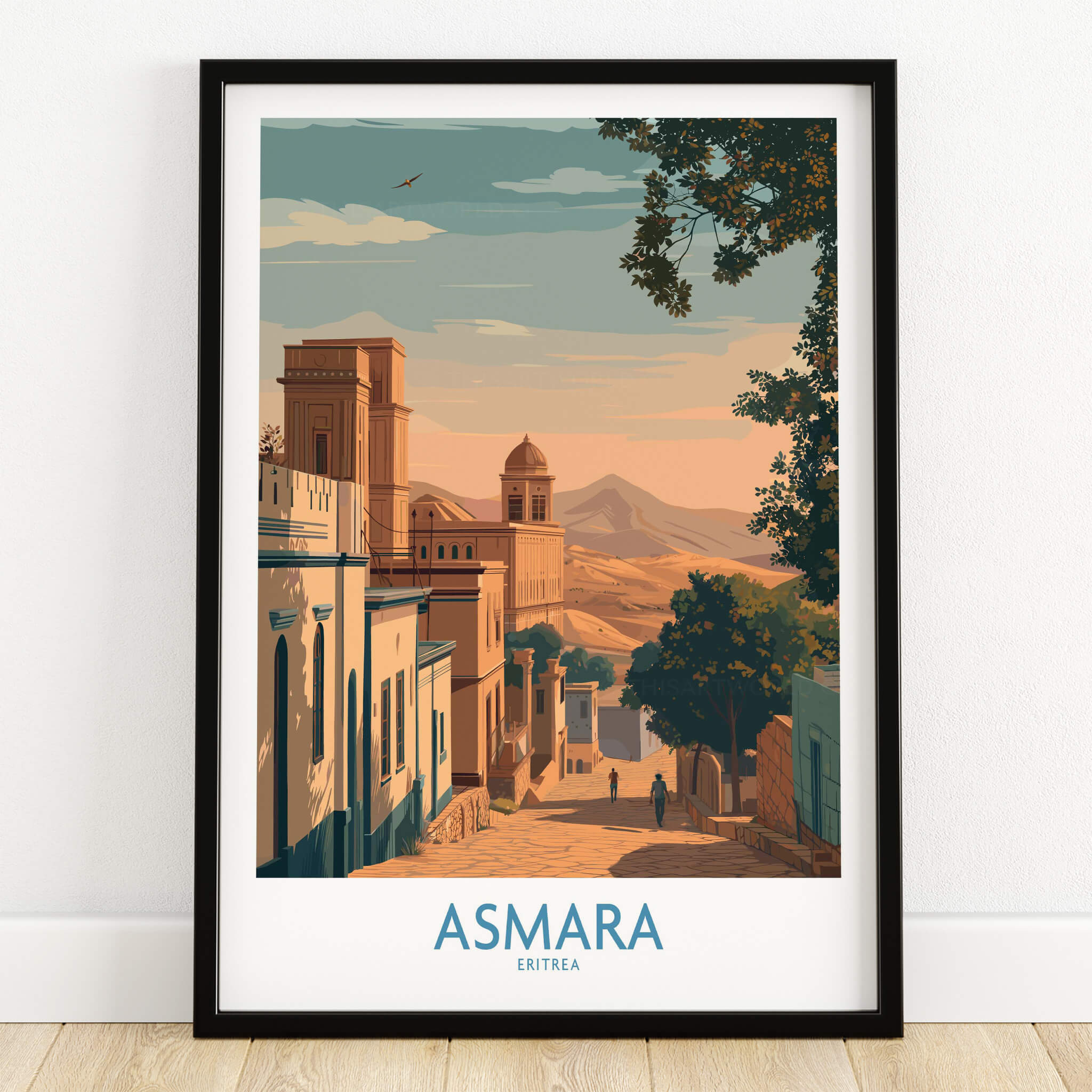 Asmara Eritrea Print – Scenic Wall Art Poster showcasing a sunset cityscape with iconic architecture and vibrant colors.