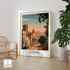Asmara Eritrea Print – Scenic Wall Art Poster featuring a sunset cityscape of Asmara in a stylish living room setting.