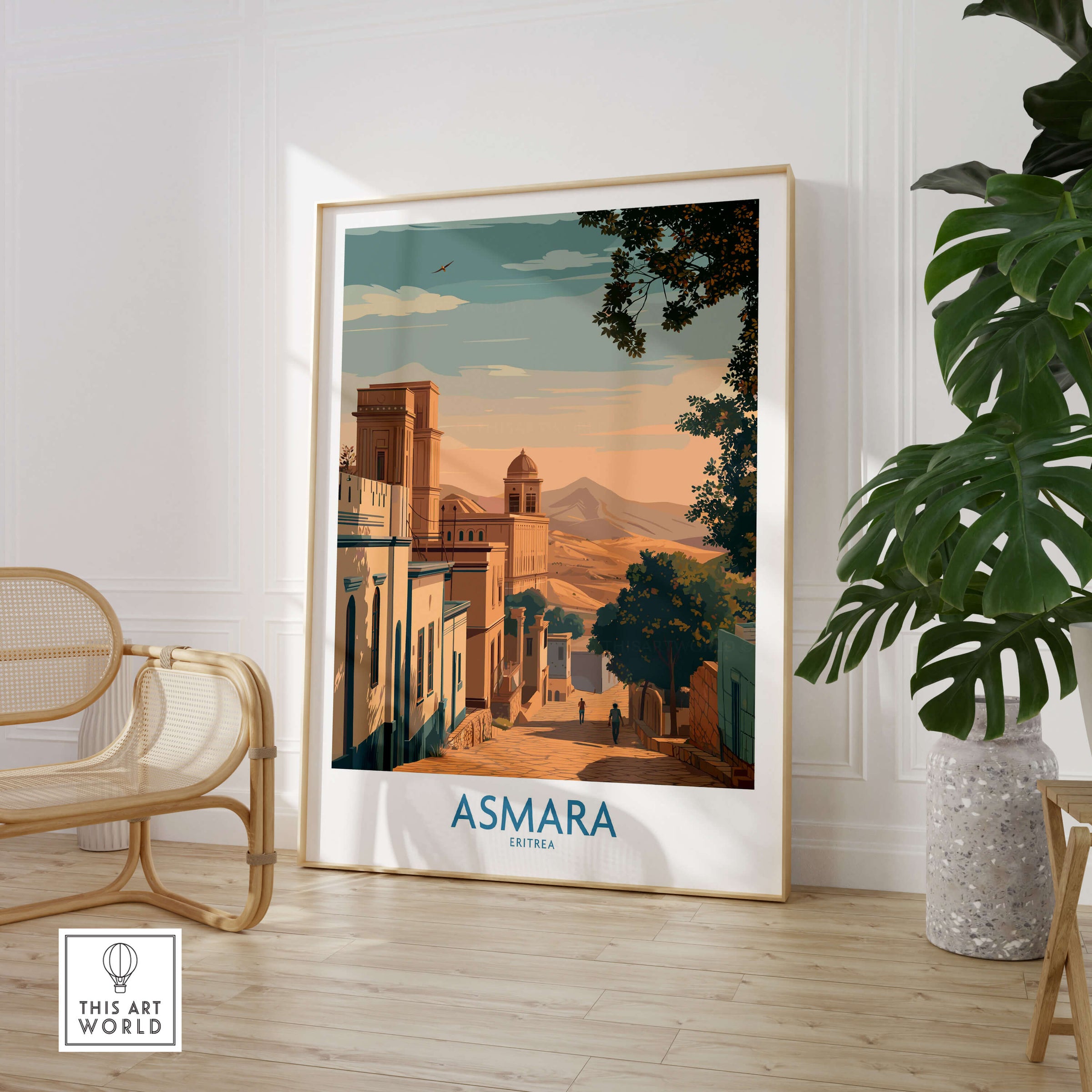 Asmara Eritrea Print – Scenic Wall Art Poster featuring a sunset cityscape of Asmara in a stylish living room setting.