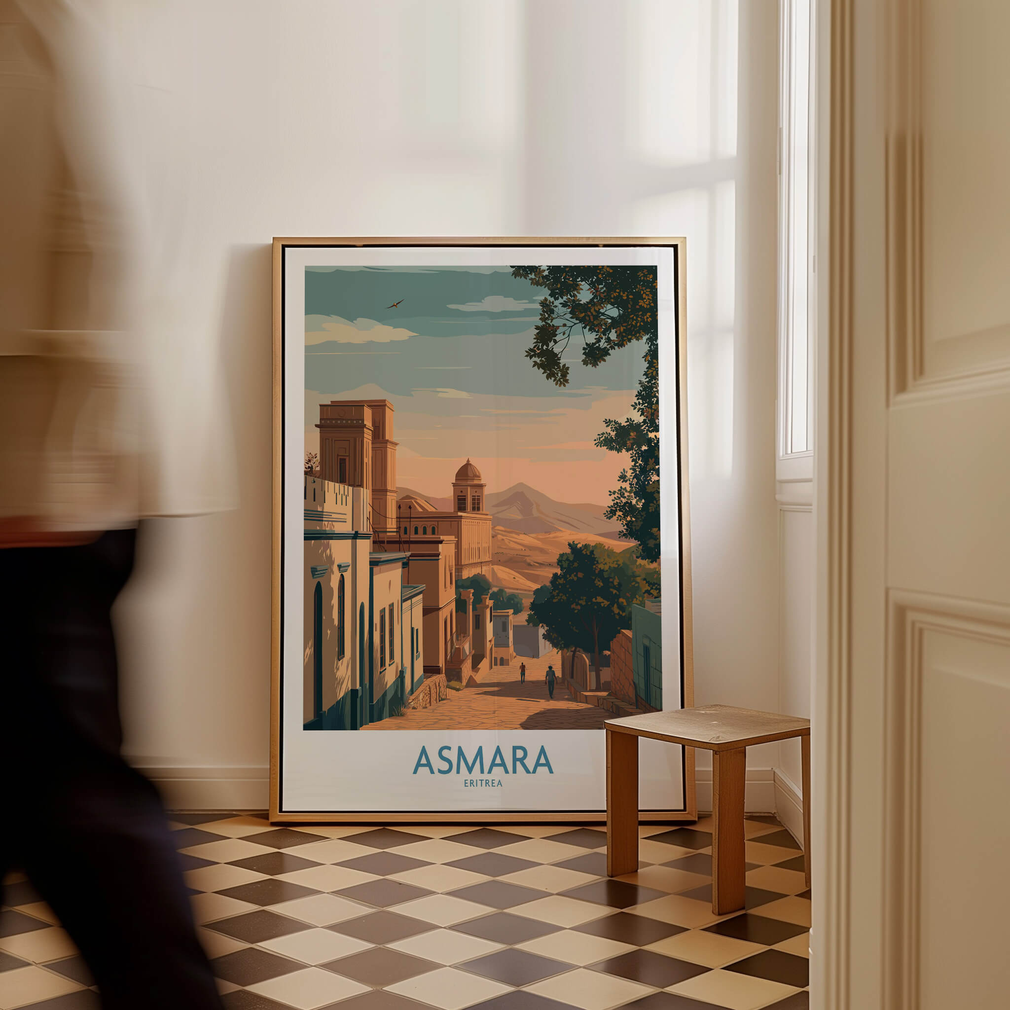 Asmara Eritrea Print – Scenic Wall Art Poster displayed in a room with a wooden chair and a person walking by.