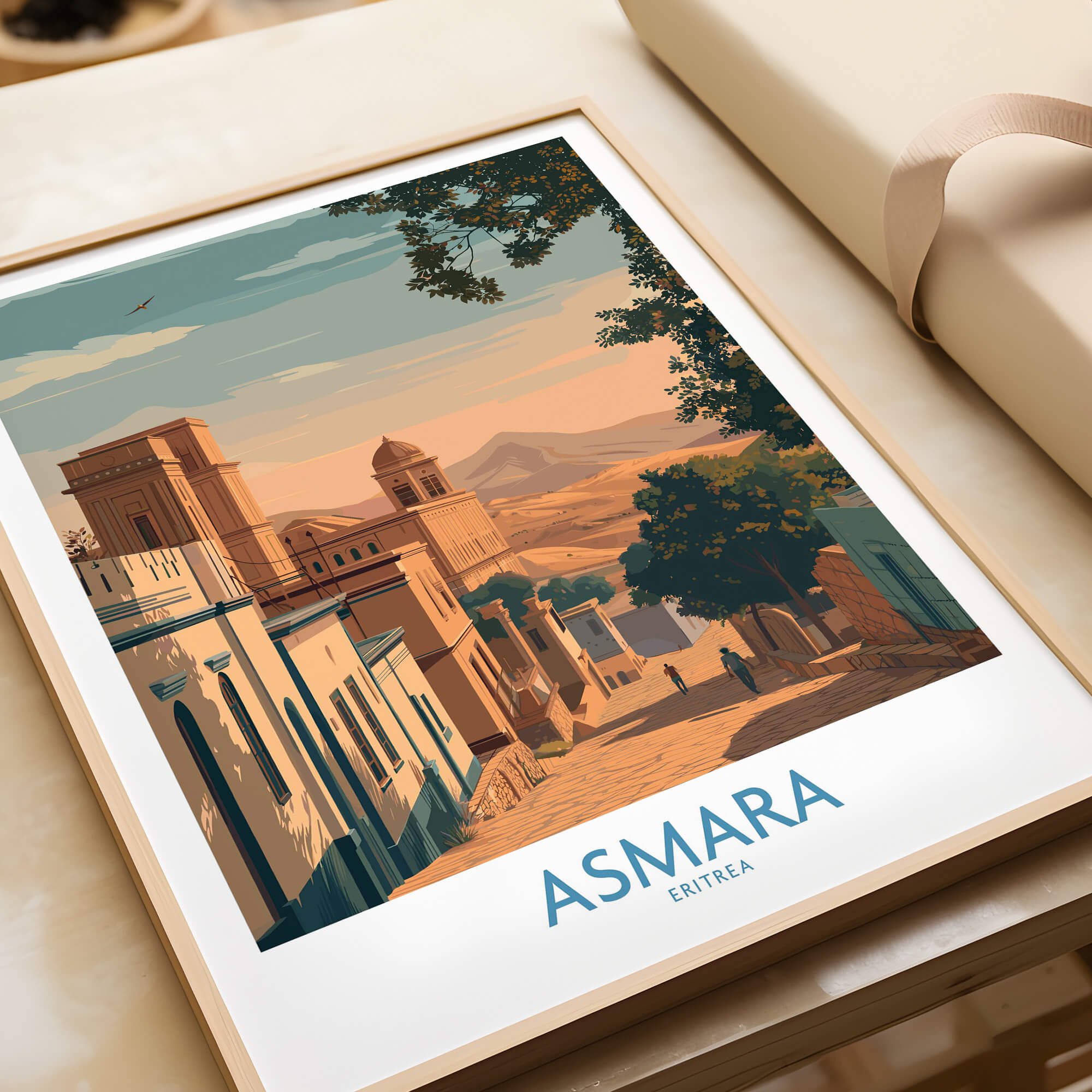 Asmara Eritrea Print – Scenic Wall Art Poster featuring a sunset cityscape and iconic architecture.