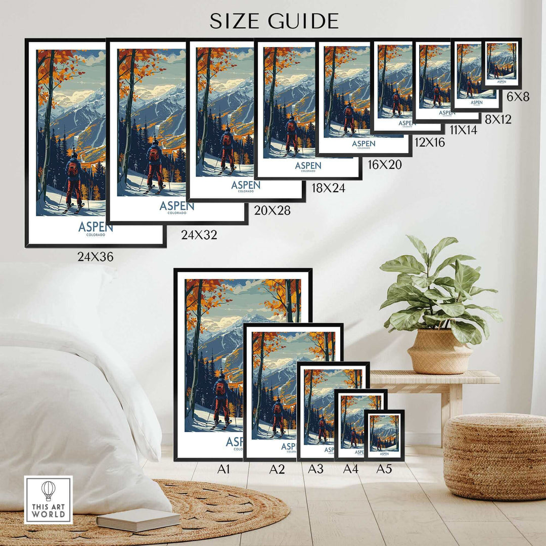 Aspen ski poster size guide displayed on a wall, showcasing various dimensions from 6x8 to 24x36, surrounded by minimalist decor.