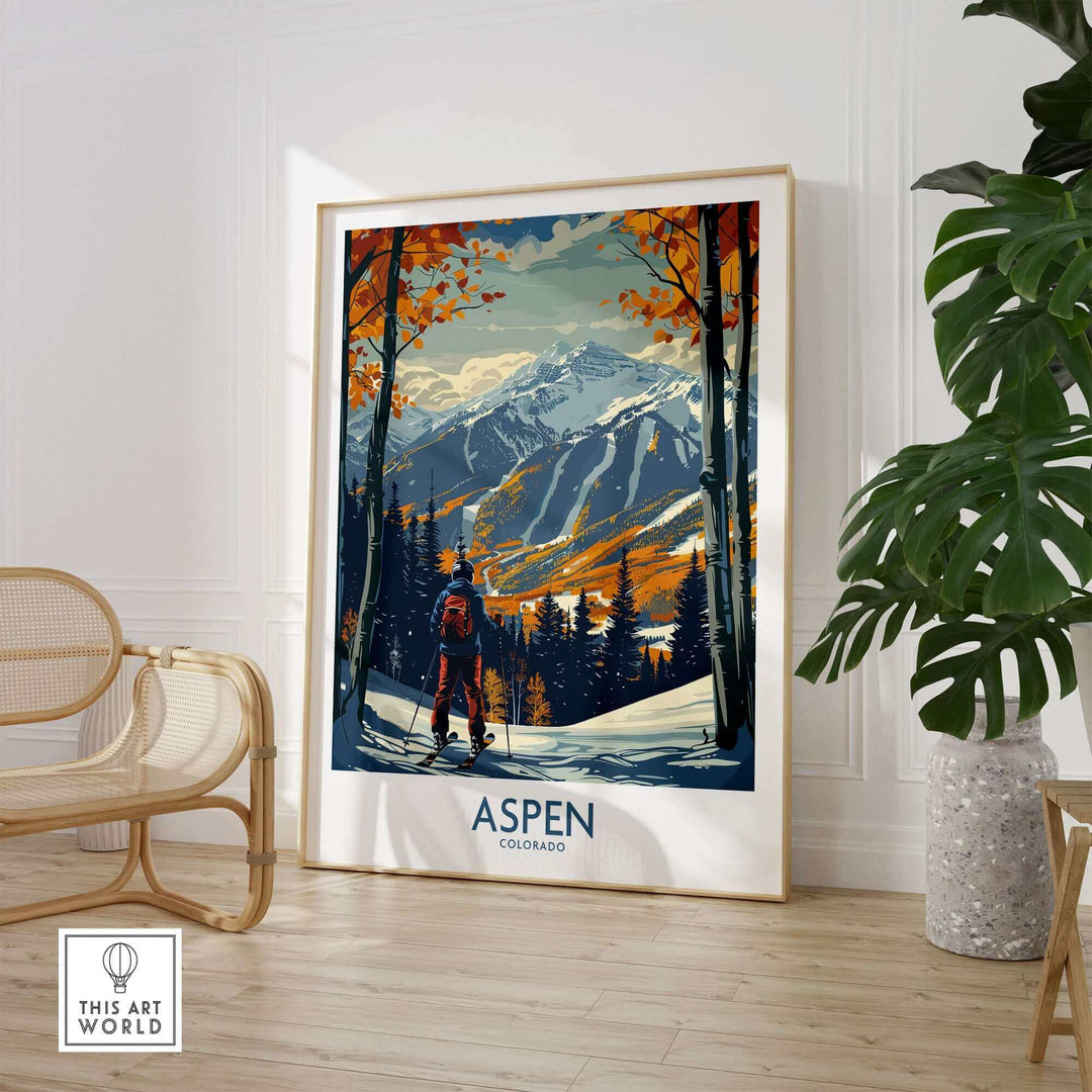 Ski Poster in room showing Aspen mountain scenery with skier and autumn colors. Perfect for ski enthusiasts and home decor.