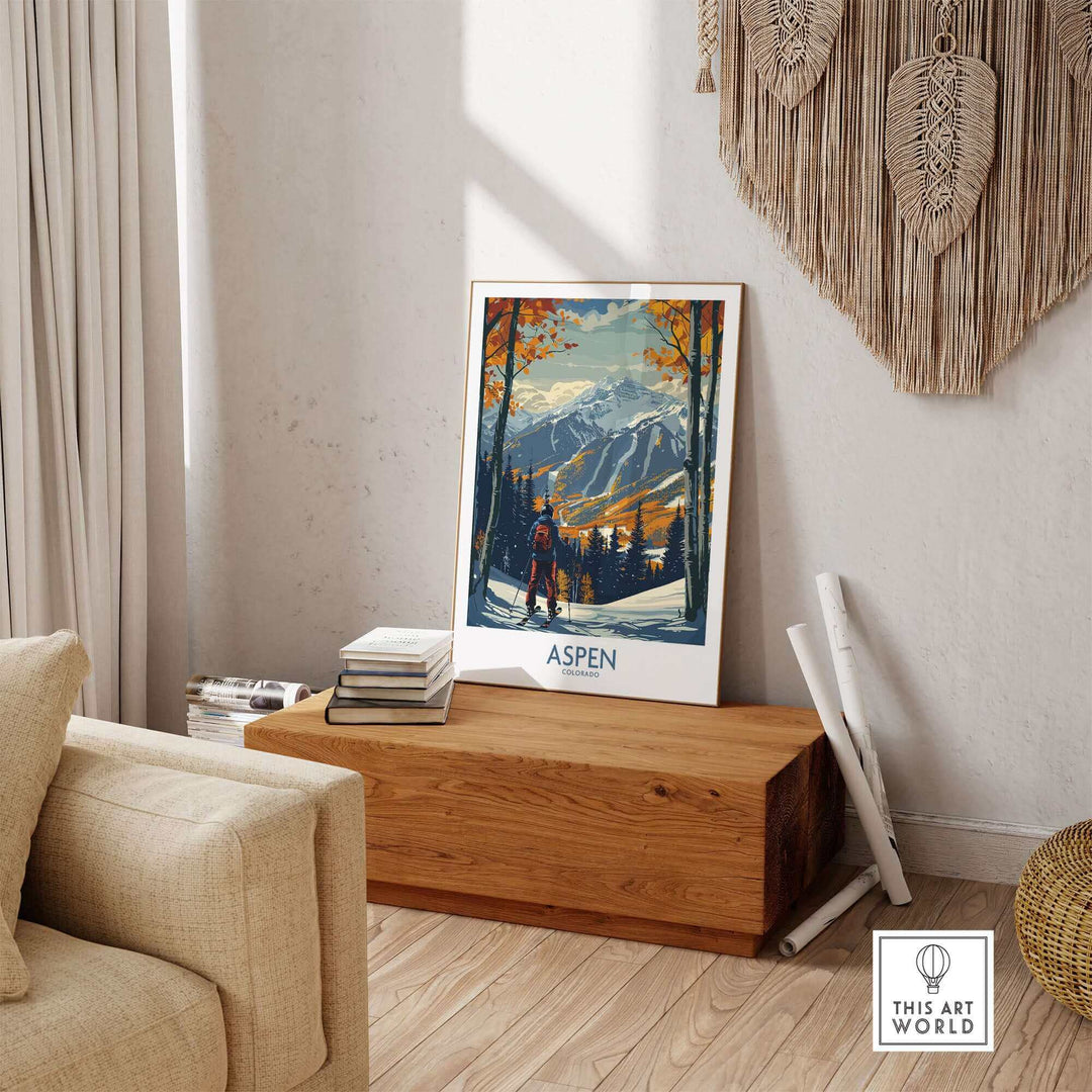 Aspen Poster Ski Print displayed in a cozy living room, showcasing dynamic ski scene and mountains, perfect for ski enthusiasts.