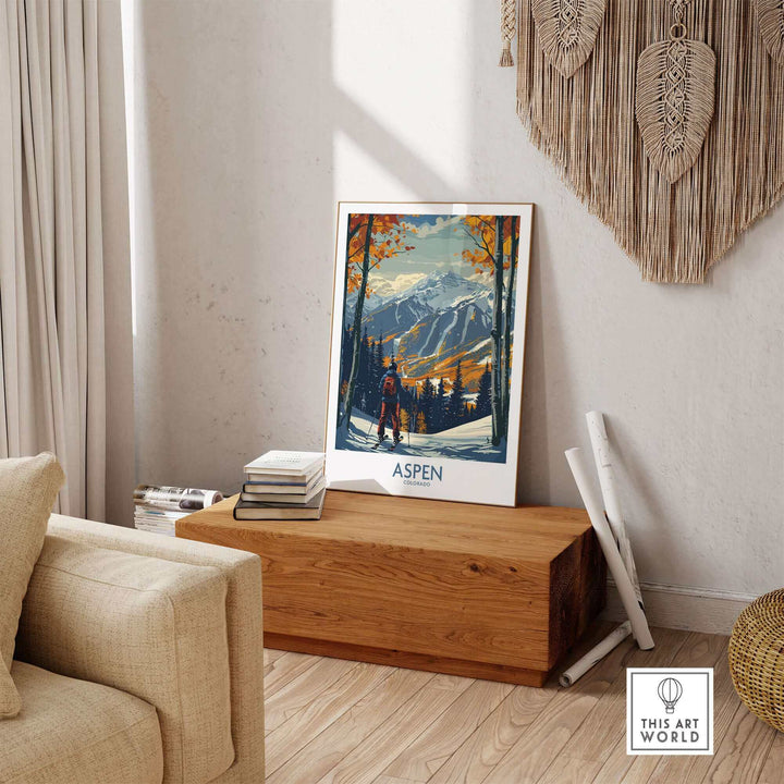 Aspen Poster Ski Print displayed in a cozy living room, showcasing dynamic ski scene and mountains, perfect for ski enthusiasts.