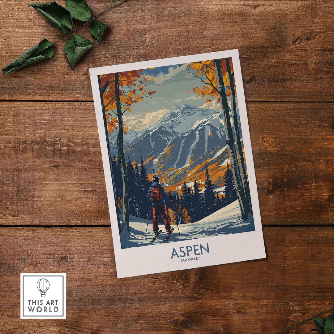 Aspen poster showcasing a vibrant ski scene with mountains and trees, perfect for ski enthusiasts and home decor. Ski Poster.