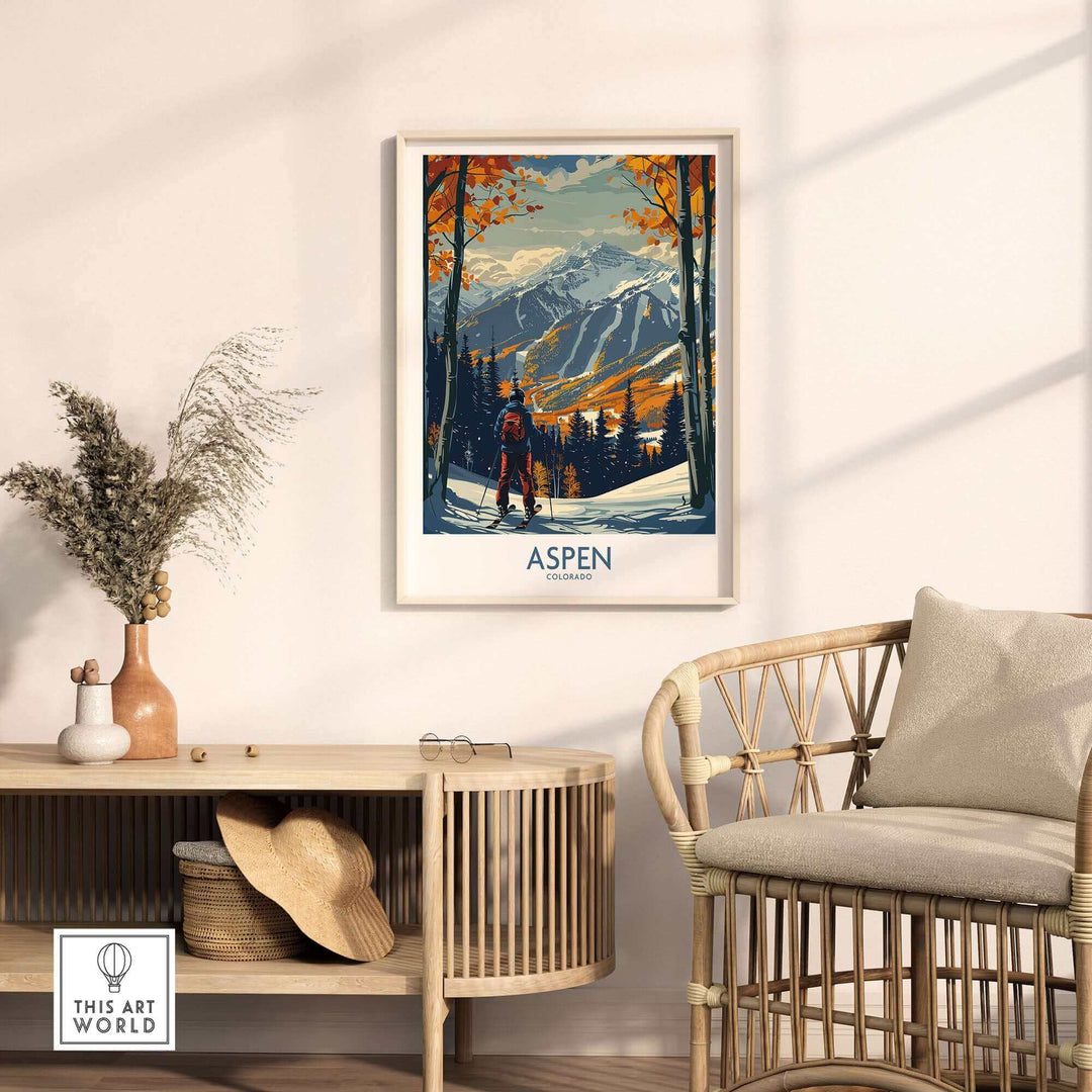 Aspen Poster Ski Print on wall, featuring dynamic skiing scene, perfect for ski enthusiasts, adds energy to room decor