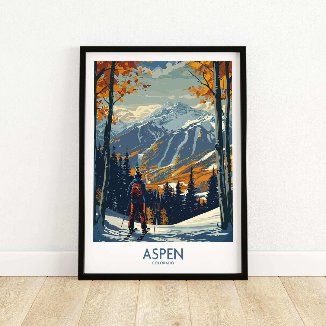 Aspen Ski Poster Print with skier, vibrant mountain scene, perfect for ski enthusiasts. Dynamic artwork for home decor.