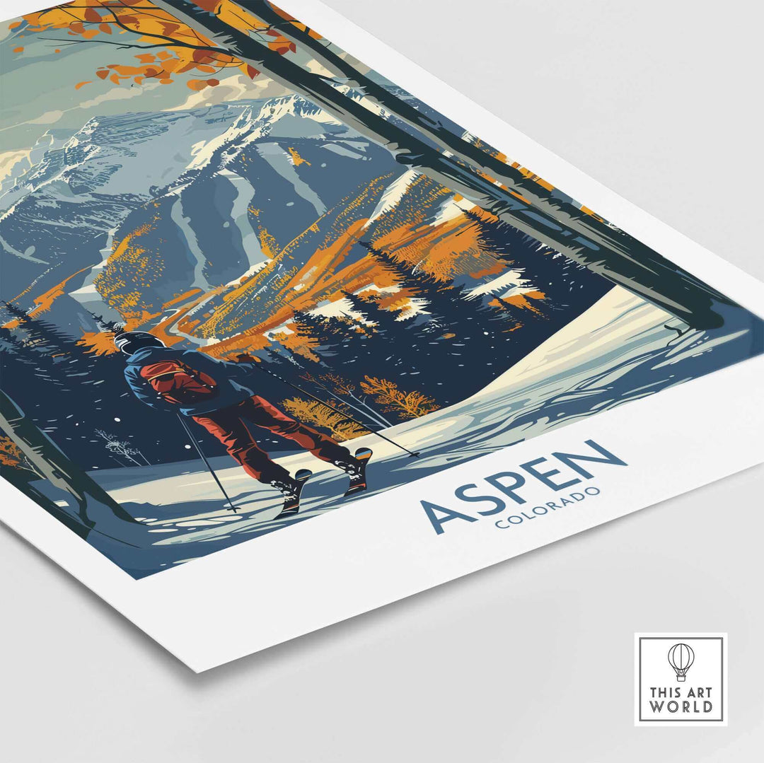 Aspen Poster Ski Print showing a skier amid snowy mountains and autumn trees, capturing the thrill and beauty of Aspen, Colorado.