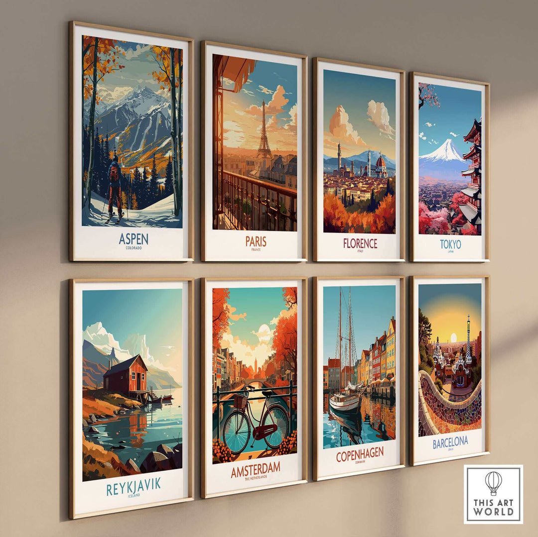 Gallery wall featuring Aspen ski poster and city prints of Paris, Florence, Tokyo, Reykjavik, Amsterdam, Copenhagen, and Barcelona.