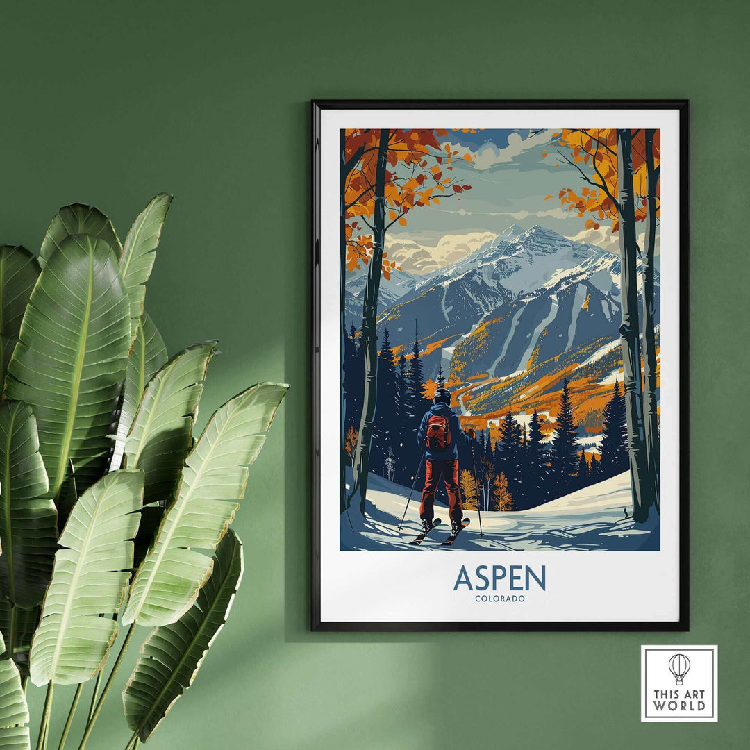 Aspen ski poster print displaying a skier, colorful autumn trees, and snow-capped mountains, enhancing any ski enthusiast's room.