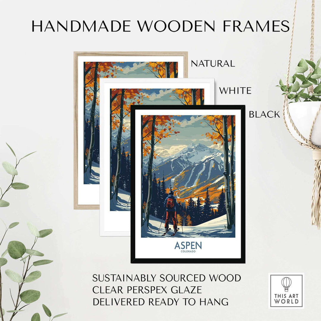 Aspen ski poster in handmade wooden frames, showcasing mountain scenery with natural, white, and black frame options.