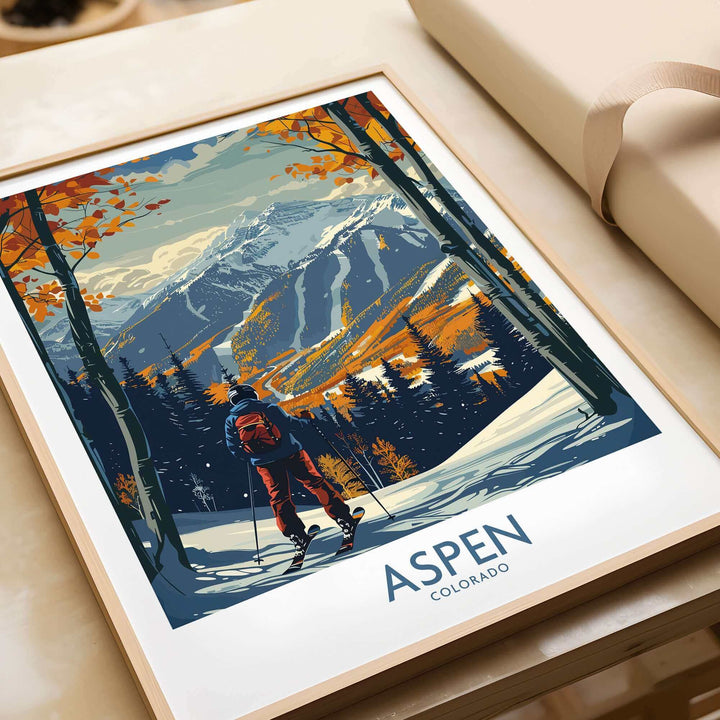 Aspen ski poster print featuring a skier on snowy slopes with vibrant autumn trees, perfect for ski enthusiasts and decor.