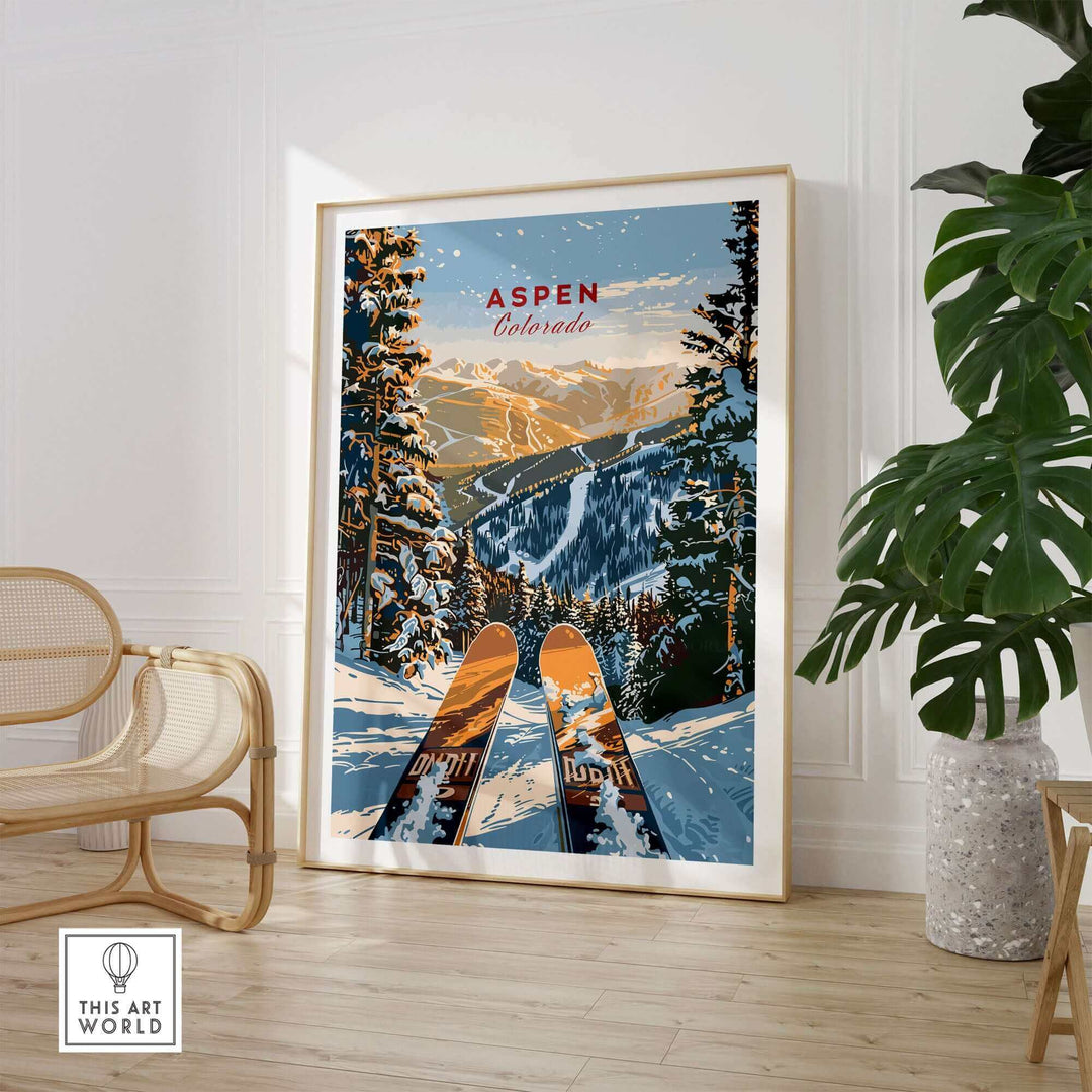 Aspen Colorado ski poster featuring a scenic mountain view with skis, perfect decor for outdoor enthusiasts' homes or cabins.